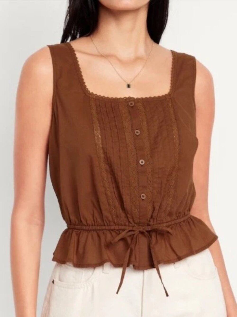 Old Navy Sleeveless Peplum Blouse XL Terracotta Brown Lace Trim Square Neck Boho